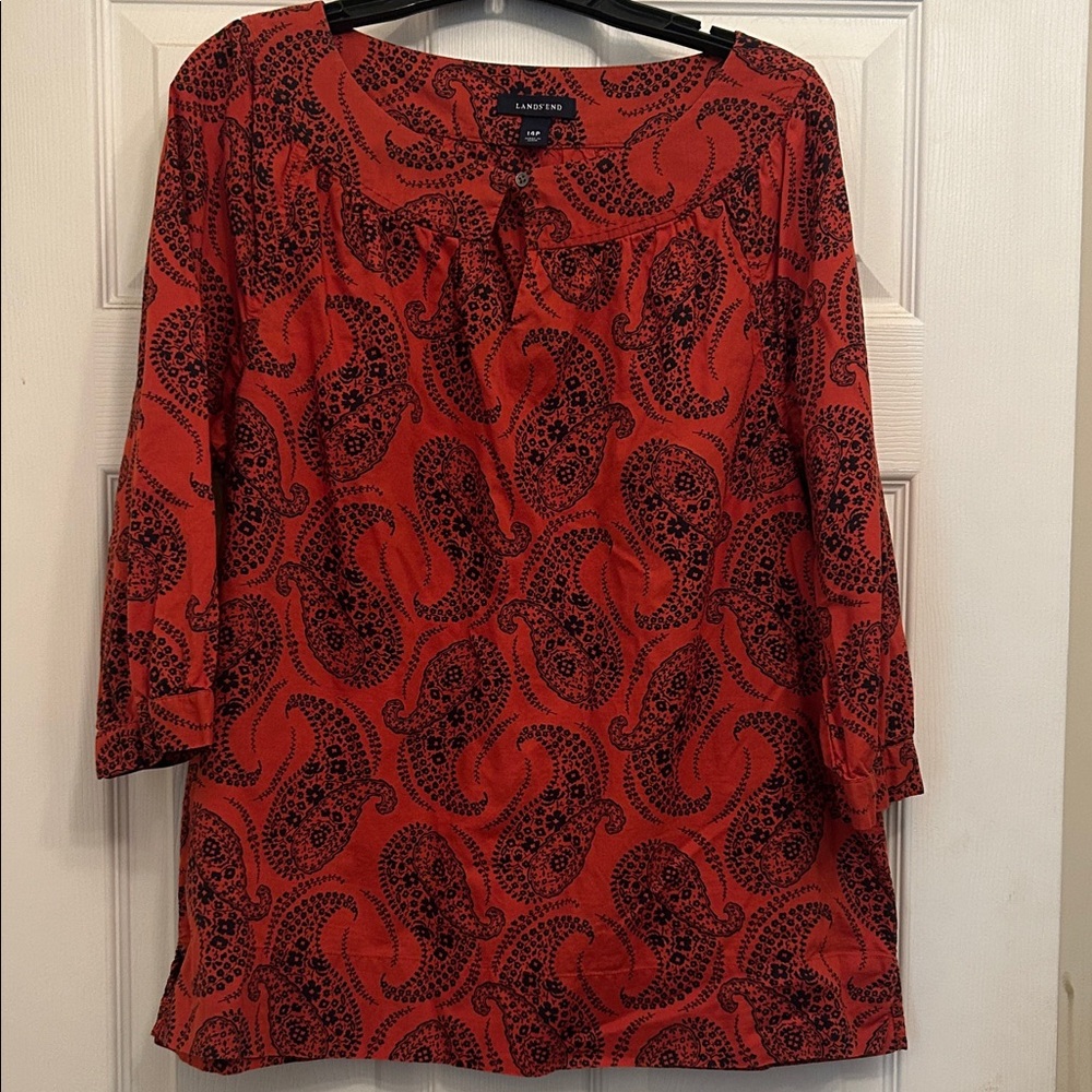 Lands' End Women's Orange and Navy Paisley Blouse